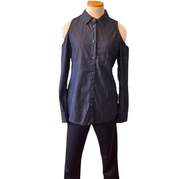 AG Adriano Goldschmied Button Down Cold Shoulder Long Sleeve, Dark Denim, Medium - Picture 5 of 11